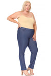 Right side view of Plus size, stretchy, pull up, full length jeggings-blue