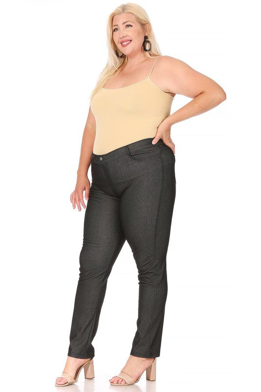 View of the right side of Plus size, stretchy, pull up, full length jeggings-black