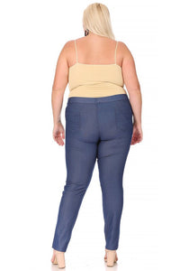 Back view of Plus size, stretchy, pull up, full length jeggings-blue