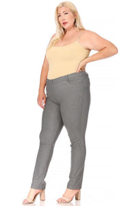 Right side view of Plus size, stretchy, pull up, full length jeggings-gray