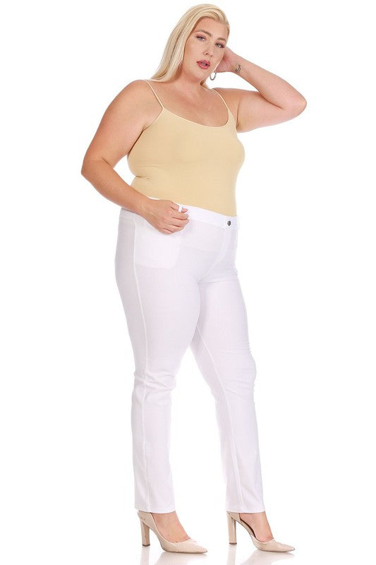 Right side view of Plus size, stretchy, pull up, full length jeggings-white