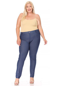 Front view of Plus size, stretchy, pull up, full length jeggings-blue