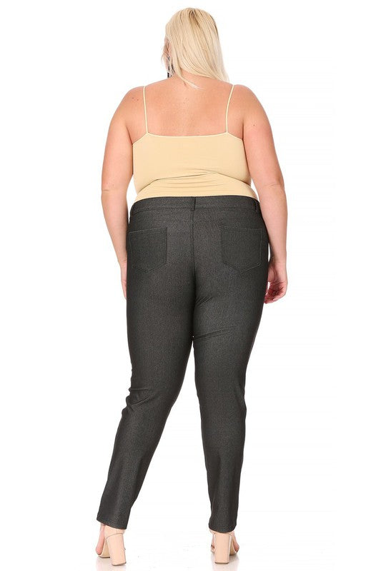 View of the back of Plus size, stretchy, pull up, full length jeggings-black