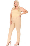 Full front view of Plus size, stretchy, pull up, full length jeggings-carmel