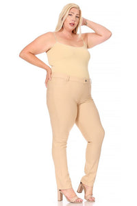 Left side view of Plus size, stretchy, pull up, full length jeggings-carme