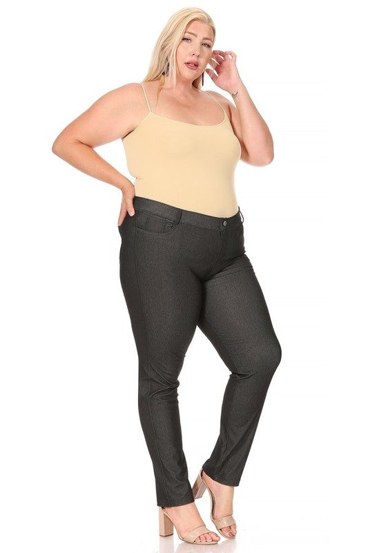 Left side view of Plus size, stretchy, pull up, full length jeggings-black