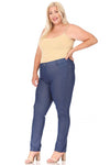 Left side view of Plus size, stretchy, pull up, full length jeggings-blue