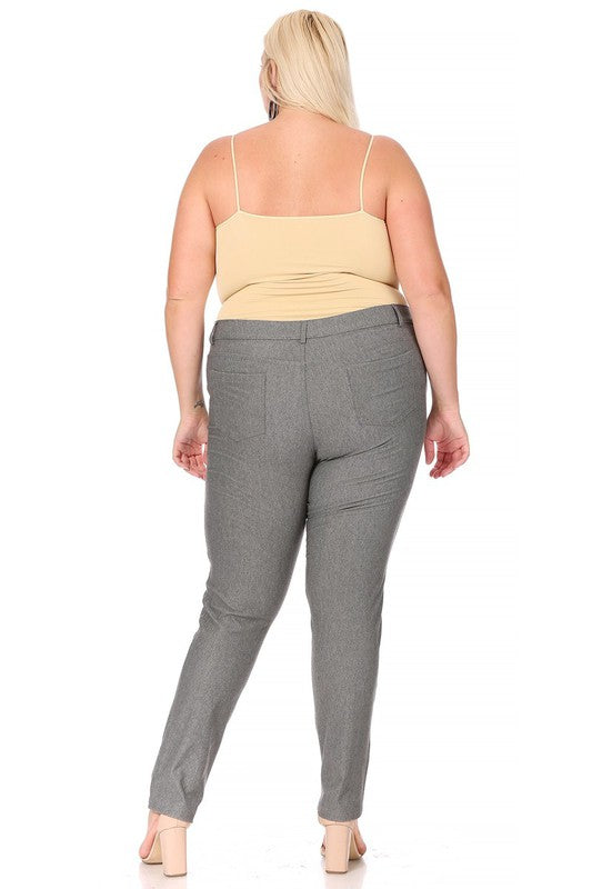 Back view of Plus size, stretchy, pull up, full length jeggings-gray