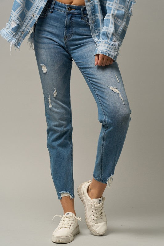 Trim Raw Hem Girlfriend Jeans