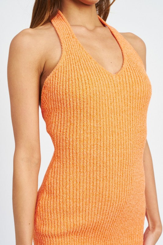 Close up view of HALTER NECK BODYCON MIDI DRESS-orange