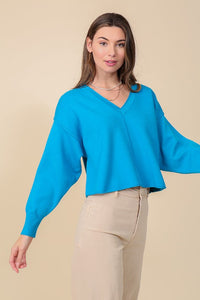 SOLID DROP SHOULDER V NECK TOP