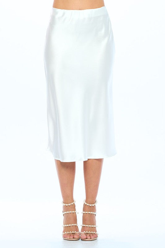 White Made in USA Solid Stretch Satin Midi Skirt