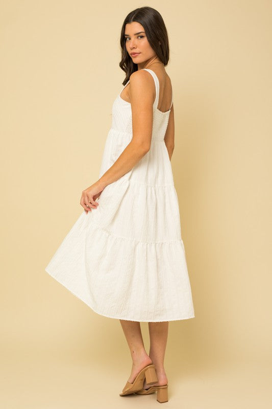 Left side view of Textured Striped Smocked Back Midi Dress