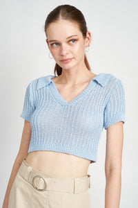 RIBBED KNIT COLLARED CROP TOP