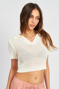 RIBBED KNIT COLLARED CROP TOP