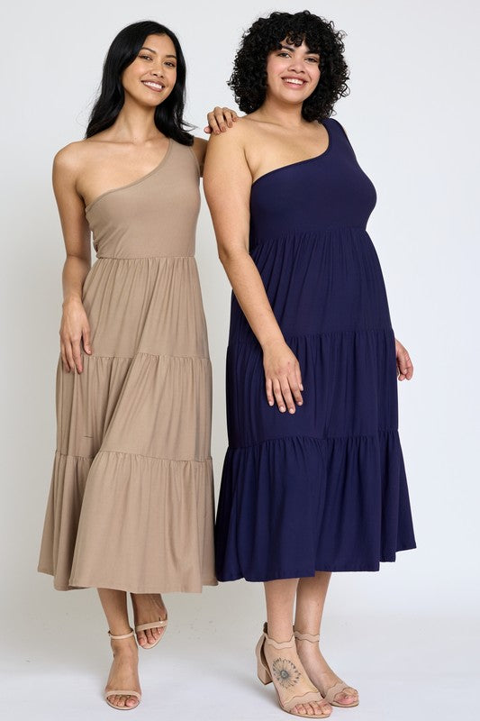 Two models wearing One Shoulder Ruffle Midi Dress one brown the other blue