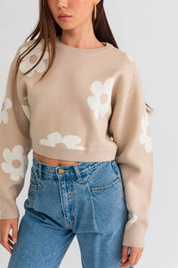 LONG SLEEVE CROP SWEATER WITH DAISY PATTERN