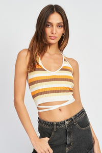 STRIPPED HALTER NECK KNIT TOP