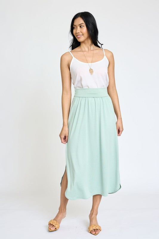 Green Plus Solid Side Slit Midi Skirt