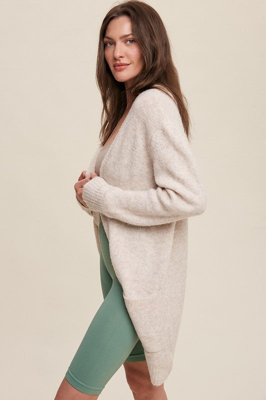 Two Pocket Open-Front Long Knit Cardigan