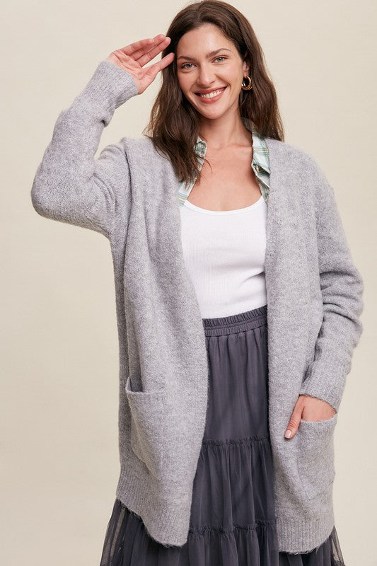 Two Pocket Open-Front Long Knit Cardigan