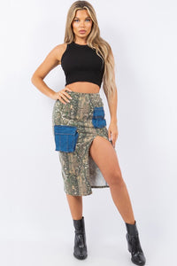 Wear the hottest Cargo Skirt with contrast pockets in Woodland Camo