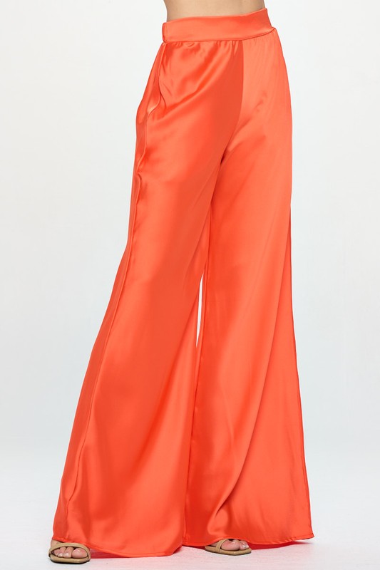 Orange Stretch Satin Pants w/ Elastic Waist and Pockets