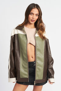 COLOR BLOCK OVERSIZED BIKER JACKET