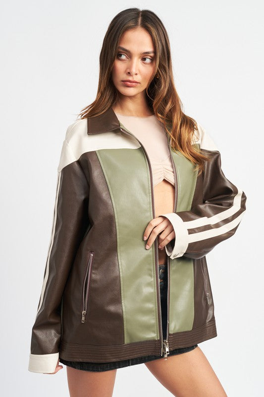 COLOR BLOCK OVERSIZED BIKER JACKET