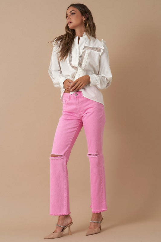 PINK HIGH RISE SLIM STRAIGHT JEANS