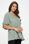 Side view of Cotton V neck Puff Sleeve Tunic Top