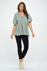 Cute Cotton V neck Puff Sleeve Tunic Top