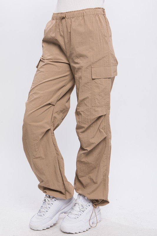 Side view of Loose Fit Parachute Cargo Pants- khaki