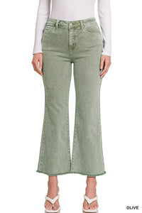 ACID WASHED HIGH WAIST FRAYED HEM BOOTCUT PANTS