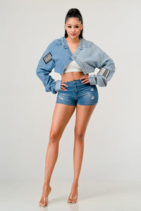 Denim Patched X-Contrast Top for spring