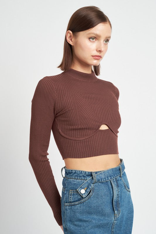 MOCK NECK CROP TOP WITH CUT OUT BROWN