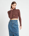 MOCK NECK CROP TOP WITH CUT OUT BROWN