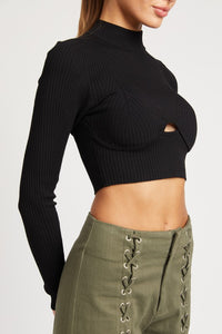 MOCK NECK CROP TOP WITH CUT OUT BLACK