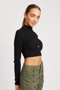 MOCK NECK CROP TOP WITH CUT OUT BLACK