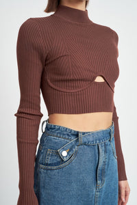 MOCK NECK CROP TOP WITH CUT OUT BROWN