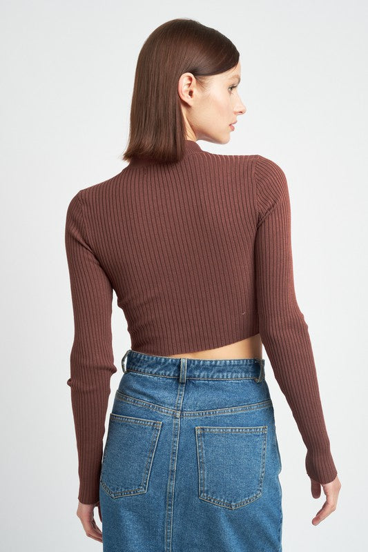 MOCK NECK CROP TOP WITH CUT OUT BROWN