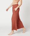 Model showing pocket of BAMBOO WIDE PANTS ANKLE LENGTH