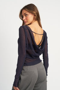 GLITTER MESH TOP WITH BACK COWL