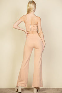 view from the back of Bustier Crop Top & Front Slit Wide Leg Pants-khaki