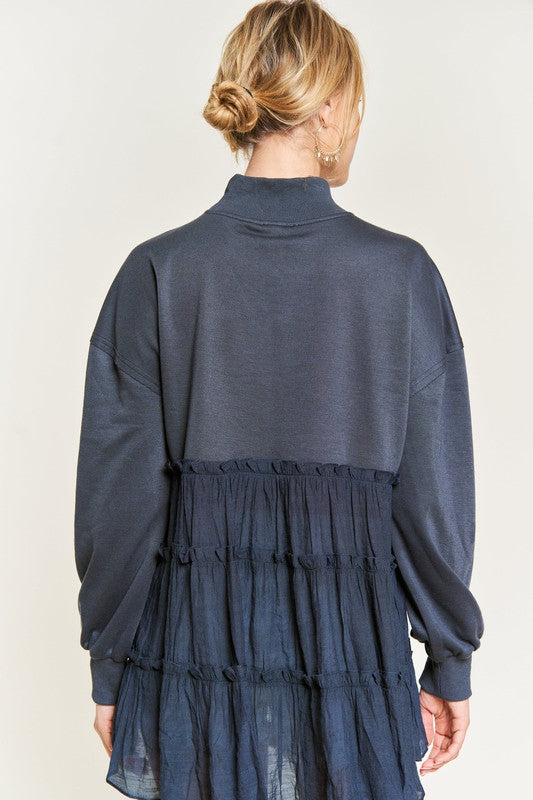 Zoom in view of back of MOCK NECK TUNIC KNIT TOP PLUS-blue