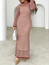 Devine Tied Round Neck Striped Sweater Dress