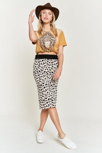 Full front view of black and white midi skirt