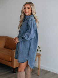 Side view of Button Up Collared Neck Long Sleeve Denim Dress