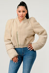 Stylish Plush Puff Sleeve Bomber Jacket