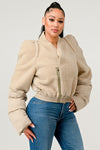 Plush Puff Sleeve Bomber Jacket